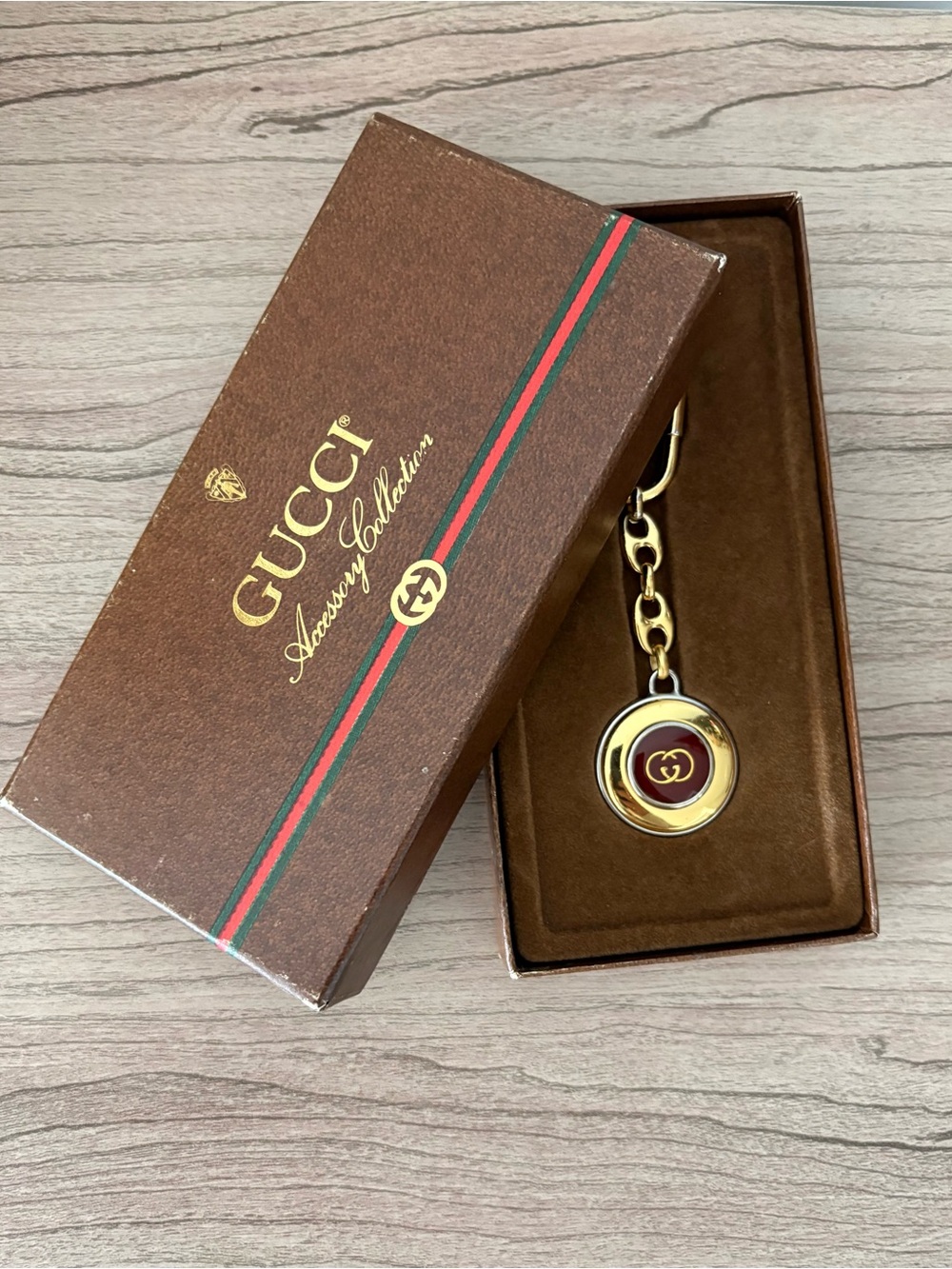 Vintage Coach Burgundy Enamel Gold keychain in Box